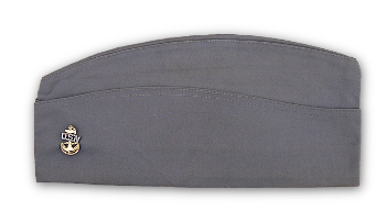 Left side of gray Navy garrison cap with miniature CPO badge.