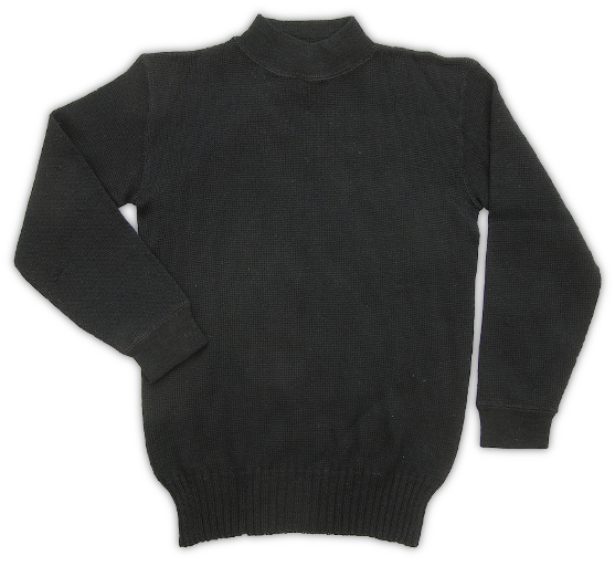 In cooler weather, a light-weight, close-fitting, pullover sweater called a jersey could be worn under the jumper.  It was dyed dark blue, made of worsted wool, and had an elliptical collarette. The body of the garment was circular, without side seams, and had a raked bottom.  Sleeves were tubular and seamless from shoulder to elbow and shaped from elbow to wrist by seaming.  The cuffs were double ribbed.