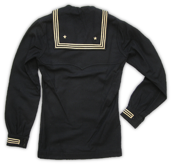 Back view of the dress blue jumper showing the square sailor's collar. The three lines of white tape and embroidered stars on the collar originated for decorative purposes. The stars appeared on all jumpers beginning in 1820 and the number of stripes was standardized at three in 1876. The yoke consisted of a double layer of material  across the chest and back..