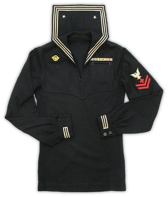 Front view of the enlisted man's dress blue jumper with ribbons above left breast pocket, honorable discharge emblem sewn to right breast, and a 2nd class pharmacist's mate rating badge on the left arm.  The dress blue jumper was made out of 16 ounce dark blue Melton wool and had shirt style cuffs with a two button closure.  Note the stylized yoke across the front of the chest.  First, second, and third class petty officers wore three white stripes on the cuffs.