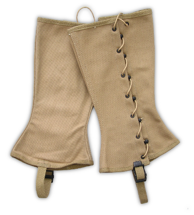 Navy canvas leggings were worn with the high black shoes when men engaged in field activities, such as when under arms for parade or ceremony, artillery or infantry drill, participating in a landing party, guard detail, or when on duty ashore as patrol or beachmaster's guard or mail orderly.  The top of the trousers were to be tucked inside the leggings.