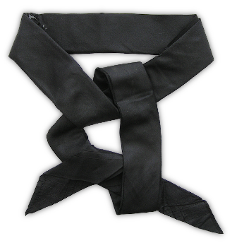 Made of black silk, the neckerchief was a 36-inch square scarf that after being folded and rolled was tied around the collar of the jumper with a square knot. The knot was to be positioned level with the bottom of the "V" neck of the jumper.   Pictured here is what the Navy called a "shoe-string" neckerchief, which was permanently folded, flattened, and sewn together in order to make putting it on easier. Some shoe-string neckerchiefs were simply a single piece silk scarf shaped to look like a properly folded and rolled neckerchief.  These types of neckerchiefs were common during the WW2 period, but were prohibited in the post-war Navy.