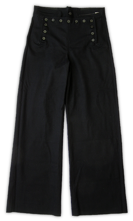 Front view of the enlisted man's blue trousers.  These trousers were made of 16-ounce dark blue Melton and featured a 13-button broadfall front and bellbottom legs.  There was a  pocket on each side of the waistband with the left side having a zipper closing.  Two eyelets for laundry ties were located on each hip beside the broadfall opening.