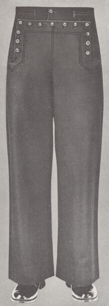 This is an illustration from the 1941 Navy Uniform Regulations showing the front of the enlisted man's blue trousers.