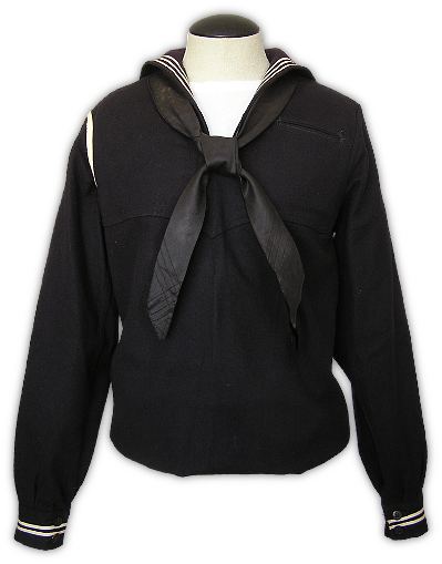 Front view of a US Navy dress blue jumper for a Seaman Second Class (two cuff stripes) assigned to the Seaman Branch (white braid on right shoulder). This is a pre-1944 jumper - note how the bottom sits bloused over and no skirt seam is visible.  The neckerchief is the shoe-string type.