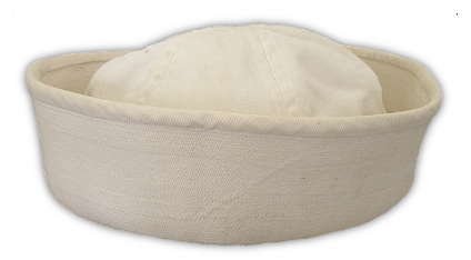 The White Hat, better known as the "Dixie Cup", had a full brim that was usually worn turned up.  It was made of bleached cotton drill.  When worn with the dress blue jumper and blue trousers the uniform was designated Dress Blue B. 