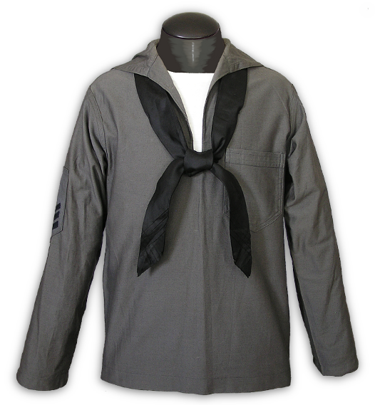 Close-up of US Navy enlisted men's gray jumper and neckerchief.