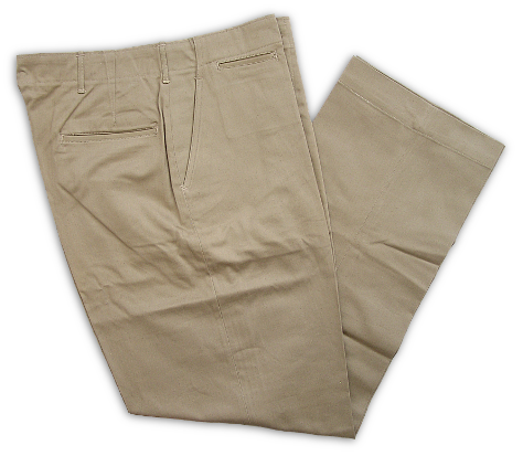 US Army specification khaki cotton trousers procured by the Navy.  Army type khaki shirts and trousers were purchased in great numbers in late 1942 and early 1943 and used in the hot conditions of the South Pacific as a working uniform sans coat.   These trousers were very similar to the standard Navy type with the exception of having canted front pocket openings and the lack of any closure buttons on the rear pockets.