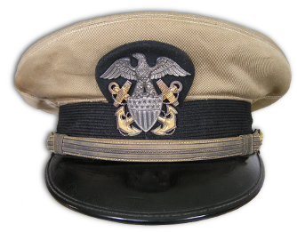 Front view of USN commissioned officer's combination cap with Khaki cotton cover.