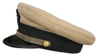 Side view of USN commissioned officer's combination cap with Khaki cotton cover.