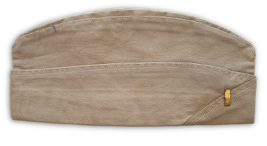 Right side of the khaki cotton garrison cap with ensign rank insignia affixed to the front.