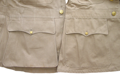 Close-up view of the lower pocket design of the khaki coat.  The early war type to the left had an expandable pleat while the later type to the right had a simple patch pocket.