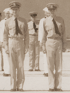 This 1943 photo shows Navy officers in formation wearing the khaki uniform without the coat.  In field conditions, the uniform could be worn without the tie as well.