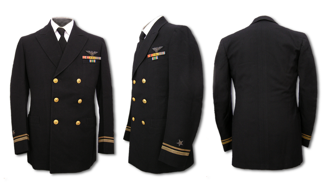 Front, side, and rear views of the Officer's Blue Service Coat.