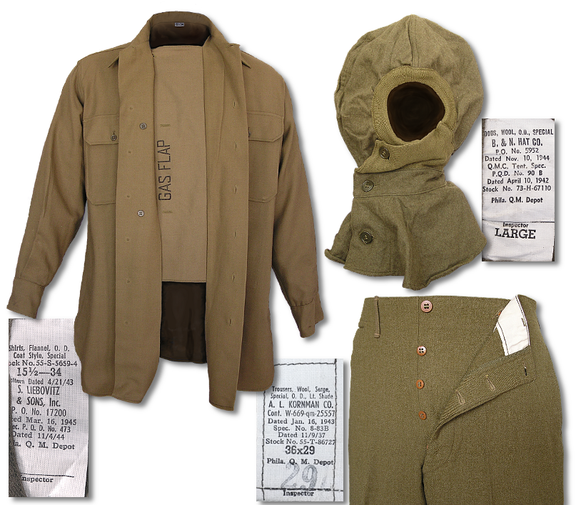 Clockwise: Special shirt, Hood, and trousers shown along with their respective labels were designed to provide the first line of protection against blister gas.