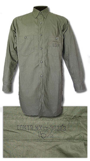 US Navy N-3 Utility Shirt made by Reliance Manufacturing Co. Under contract NXsx 38383 let in September, 1943.