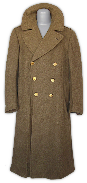 32‐ounce roll collar olive‐drab melton wool overcoat (Specification QMC 8‐51B, 11 March 1940). A standard issue item in winter areas, the overcoat was a heavyweight, double‐breasted design with convertible roll collar, notched lapels, a rear half belt, and expanding pleats in the back. Like the wool service coat, the overcoat was initially used for both field and garrison wear but was eventually reclassified as a garrison item by the end of 1942. Interestingly, shortages of warm clothing in the European Theater of Operations during the winter of 1944‐45 resulted in the wool overcoat being issued to frontline troops as an emergency stopgap measure.