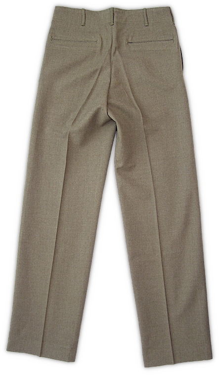 Rear view of the enlisted man's wool trousers showing the waist darts and double welt horizontal rear pocket openings. Also, note the fullness in the seat area. The Quartermaster modified the wool trousers on a number of occasions by widening the seat and increasing the rise to provide a more comfortable fit. World War 2 era trousers had a generous seam allowance and extra material at the bottom hem so that they could easily be tailored to fit.